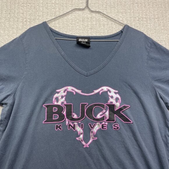 Y2K VTG Buck Knives Gray V Neck T Shirt Women's XXL Goth Holographic Heart Cyber - Picture 6 of 16